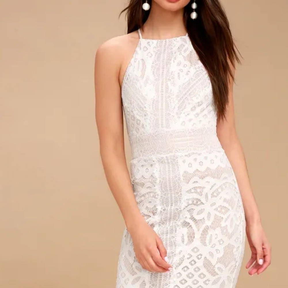 Primrose Nude and White Lace Bodycon Midi Dress